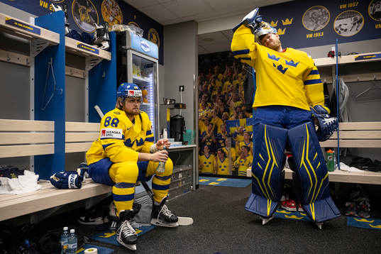William Nylander and goaltender Magnus Hellberg of Sweden