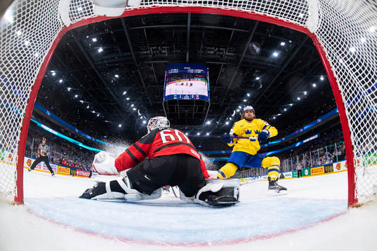 William Nylander of Sweden scores the 2-0 goal behind