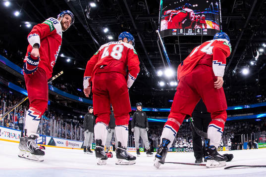 David Pastrnak (L) of Czech Republic celebrate with