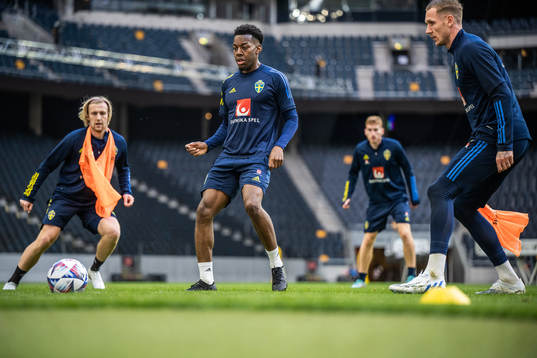 Emil Forsberg, Anthony Elanga and Robin Olsen of the Swedish national football team