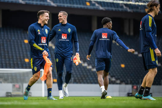 Kerim Mrabti and Robin Olsen of the Swedish national football team