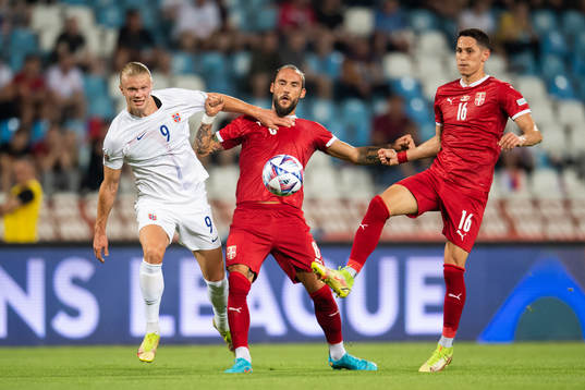 Erling Braut Haaland of Norway, Nemanja Gudelj and Sasa