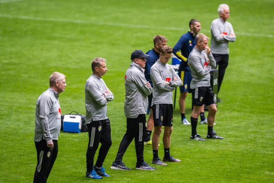 Tom Prahl, head coach Janne Andersson and goalkeeper coach Maths Elfvendal of the Swedish national football team