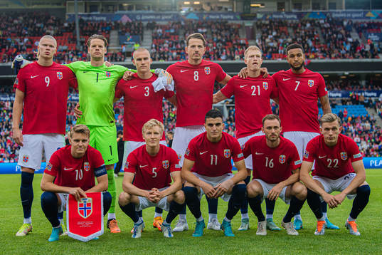  Martin Ødegaard, Birger Solberg Meling, Mohamed Amine Elyounoussi, Ørjan Håskjold Nyland and Marcus Holmgren Pedersen of Norway poses for a team group photo ahead of the Nations League football match between Norway and Slovenia on June 9, 2022 in Oslo. 