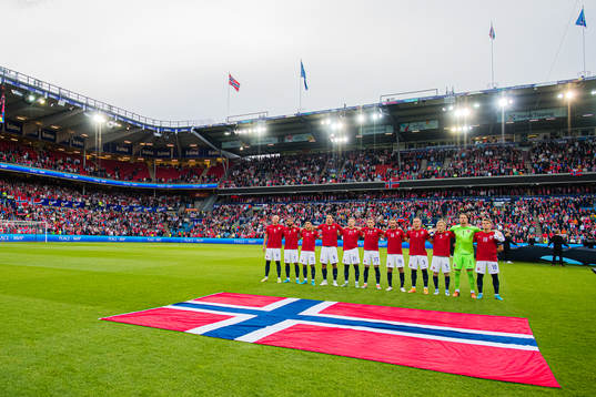 Erling Braut Haaland, Joshua Christian Kojo King, Mohamed Amine Elyounoussi, Sander Gard Bolin Berge, Andreas Schjølberg Hanche-Olsen, Marcus Holmgren Pedersen, Fredrik Aursnes, Leo Skiri Østigård, Birger Solberg Meling, Ørjan Håskjold Nyland and Martin Ødegaard of Norway the Nations League football match between Norway and Slovenia