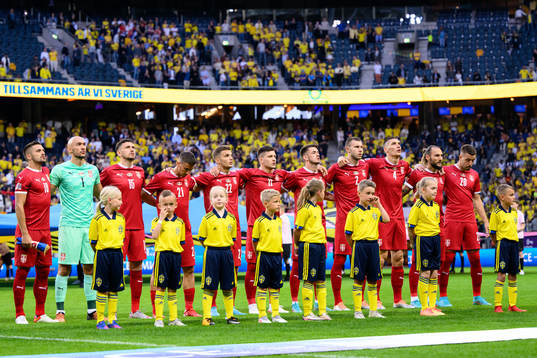 Players of Serbia at lineup ahead of the Nations League football match between Sweden and Serbia on June 9, 2022 in Stockholm. 