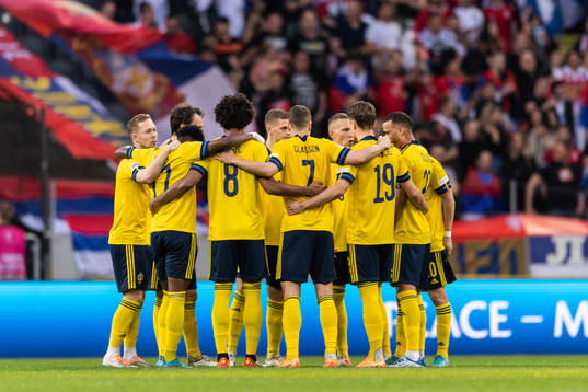 Players of Sweden ahead of the Nations League football match between Sweden and Serbia on June 9, 2022 in Stockholm. 