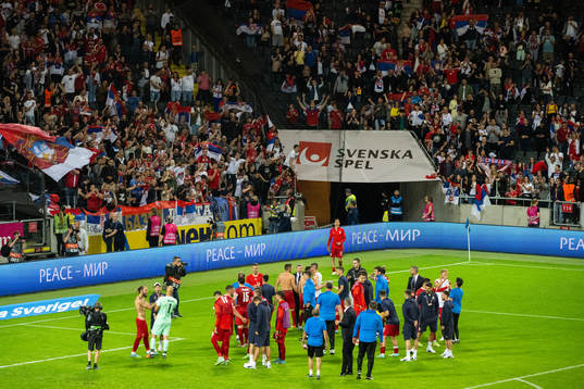 Players of of Serbia celebrate