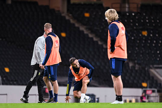 Sotirios Papagiannopoulos in pain of the Swedish national football team during a training session on June 10, 2022 in Stockholm. 
