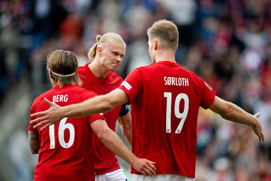 Patrick Berg , Erling Braut Haaland and Alexander Sørloth of Norway celebrate the 3-1 goal