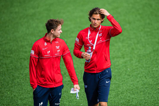 Håkon Evjen and Markus Solbakken of Norway ahead of the UEFA European Under-21 Qualifier football match between Norway and Azerbaijan on June 14, 2022 in Drammen. 