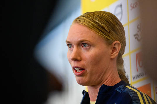 Goalkeeper Hedvig Lindahl is interviewed by the media