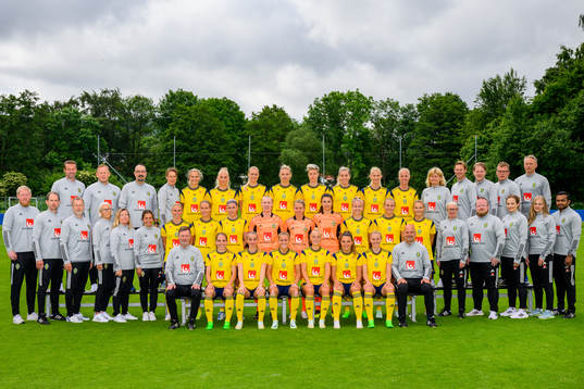 Players and staff of the women's national football team of Sweden poses for a team picture. Back row from left: Magnus Andersson, team manager, Stefan Dejemyr, head of security, Houman Ebrahimi, doctor, Jessica Karlsson, equipment manager, Nathalie Björn, Stina Blackstenius, Amanda Ilestedt, Fridolina Rolfö, Lina Hurtig, Linda Sembrant, Sofia Jakobsson, Caroline Seger, Rebecca Schelin, press officer, Rasmus Liljeblad, sports psychologist, Fredrik Madestam, press officer, Leif Troedsson, goalkeeper coach and Niklas Egnell, scout. Middle row: Sebastian Borg, match analyst, Martin Bergqvist, physio, Pontus Ekblom, physio, Anna-Lena Kjellman, kit manager, Marika Domanski Lyfors, team Manager, Sara Pettersson, Svenska spel representative, Jonna Andersson, Emma Kullberg, Olivia Schough, goalkeeper Hedvig Lindahl, goalkeeper Jennifer Falk, goalkeeper Zecira Musovic, Hanna Glas, Magdalena Eriksson, Amanda Nilden, Victoria Sandell, assistant coach, Anders Eriksson, match analyst, Anna Moilanen, photographer and Jenny Larsson. Front row: head coach Peter Gerhardsson, head coach, Elin Rubensson, Kosovare Asllani, Filippa Angeldahl, Hanna Bennison, Johanna Rytting Kaneryd, Rebecka Blomqvist and Magnus Wikman, assistant coach on June 23, 2022 in Båstad. 
EDITORS NOTE: This photo has been manipulated.
