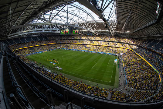 View over Friends Arena at lineup ahead of the women's international friendly football match between Sweden and Brazil on June 28, 2022 in Stockholm. 