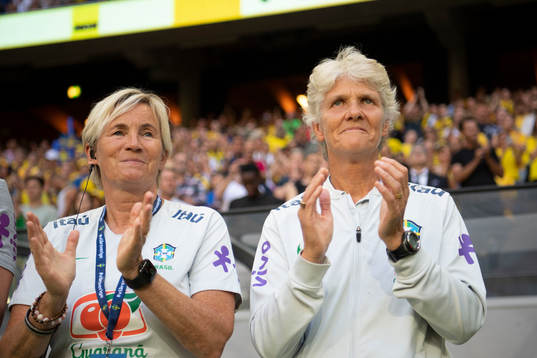 Assistant coach Lilie Persson and head coach Pia Sundhage of Brazil ahead of the women's international friendly football match between Sweden and Brazil on June 28, 2022 in Stockholm. 

