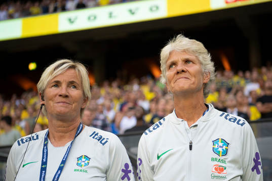 Assistant coach Lilie Persson and head coach Pia Sundhage of Brazil ahead of the women's international friendly football match between Sweden and Brazil on June 28, 2022 in Stockholm. 
