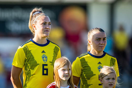 Freja Olofsson and Ebba Hed ahead of the football match in a U23 three nations tournament between Sweden and USA on June 28, 2022 in Vittsjö. 
