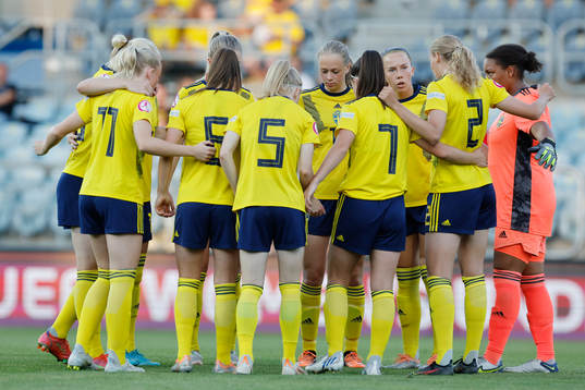 Emilia Pelgander, Hanna Wijk, Anna Sandberg, Lisa Löwing, Emilia Pelgander, Athinna Persson Lundgren, Elma Juntilla Nelhage and Serina Iddrisu Backmark ahead of the UEFA Womens Under-19 European Championships on July 03 in Opava, Czech Republic.