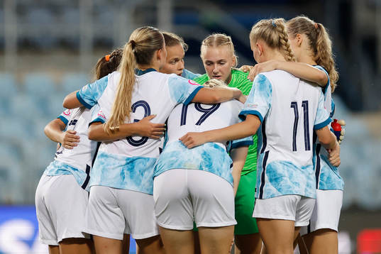 Selma Pettersen, Synne Brønstad, Selma Panengstuen, Thea Kyvåg, Selma Pettersen of Norway ahead second half of the football match in The UEFA Womens Under-19 European Championships