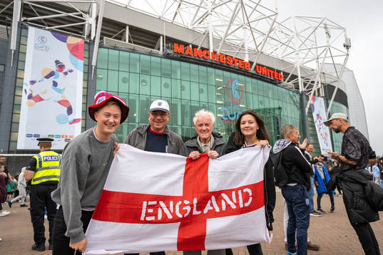 Spectators outside Old Trafford ahead of  the UEFA Women's Euro 2022 group stage match between England and Austria on July 6, 2022 in Manchester. 