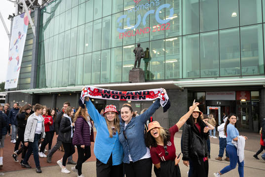  Spectators outside Old Trafford ahead of the UEFA Women's Euro 2022 group stage match between England and Austria on July 6, 2022 in Manchester. 