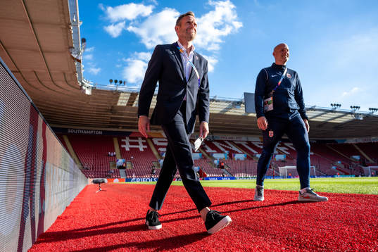 Head coach Martin Sjögren and assistant coach Anders Jacobson of Norway ahead of the UEFA Women's Euro 2022 group stage match between Norway and Northern Ireland on July 7, 2022 in Southampton. 