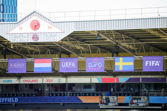 Interior view of Bramall Lane with flags of Netherlands and Sweden ahead of a press conference with the the women's Swedish national football team