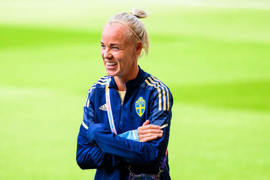 Caroline Seger of Sweden is interviewed by the media ahead of a training session with the the women's Swedish national football team