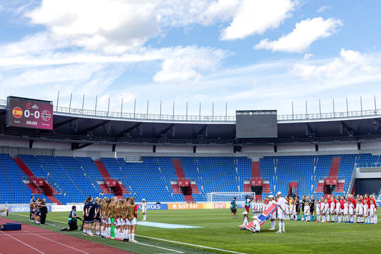 Players of Norway during lineup ahead of the UEFA Womens Under-19 European Championships final between Spain and Norway on July 9, 2022 in Ostrava.
