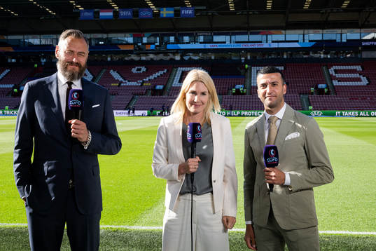 Olof Lundh, Hanna Marklund and  Ali Reza of Swedish broadcaster TV4 ahead of the UEFA Women's Euro 2022 group stage match between Netherlands and the Sweden on July 9, 2022 in Sheffield. 