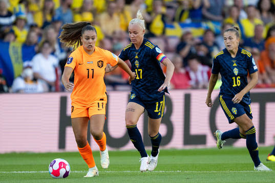 Lieke Martens of Netherlands and Caroline Seger of Sweden