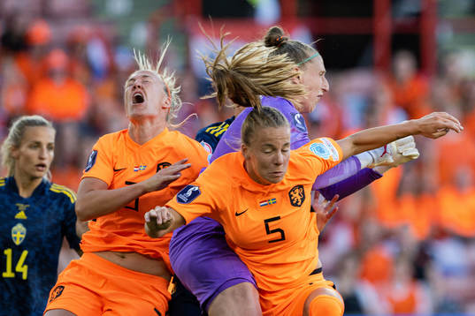 Stefanie Van Der Gragt , Lynn Wilms and goalkeeper Sari Van Veenendaal of Netherlands