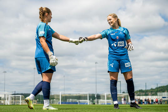 Goalkeeper Aurora Mikalsen and goalkeeper Guro Pettersen of the Norwegian national football team at a training session