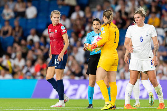 Ada Hegerberg of Norway and goalkeeper Alexandra Mary Earps of England