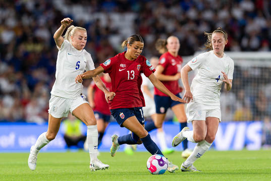 Celin Bizet Ildhusøy of Norway against Alex Greenwood and Keira Walsh of England