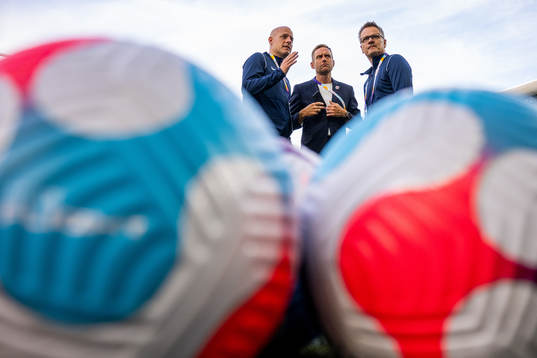 Anders Jacobson, assistant coach, Martin Sjögren, head coach of Norway, and Halvor Lea, press officer, ahead of the UEFA Women's Euro 2022 group stage match between England and Norway on July 11, 2022 in Brighton. 