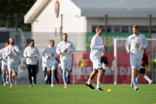 Matej Chalus and Hugo Larsson of Malmö FF ahead of the UEFA Champions League qualifying match between Vikingur and Malmö FF on July 12, 2022 in Reykjavik. 