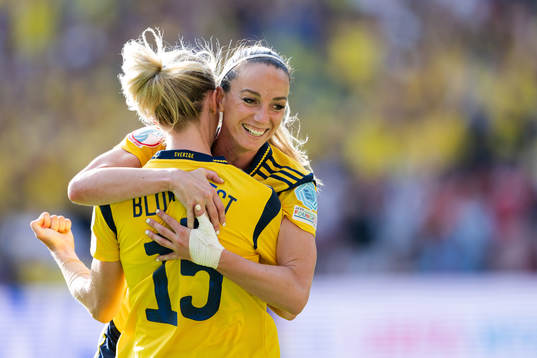 Rebecka Blomqvist and Kosovare Asllani of Sweden celebrate a disallowed goal