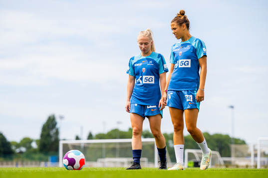 Thea Bjelde and Celin Bizet Ildhusøy of the Norwegian national football team at a training session