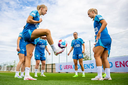 Ada Hegerberg, Guro Reiten and Amalie Eikeland of the Norwegian national football team at a training session