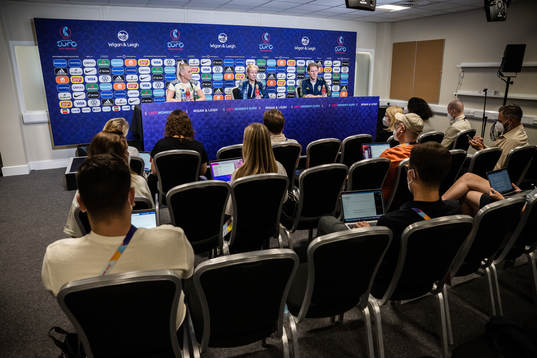 Stina Blackstenius and Hanna Glas of the Swedish women's national football team at a press conference during the UEFA Women's Euro 2022 Championship on July 16, 2022 in Leigh. 
