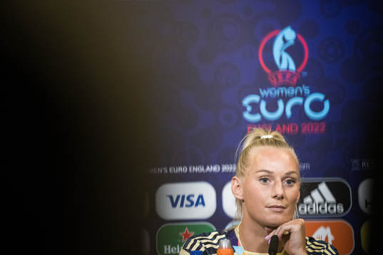 Stina Blackstenius of the Swedish women's national football team at a press conference