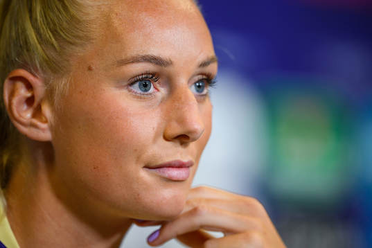 Stina Blackstenius of the Swedish women's national football team at a press conference