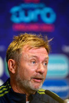 Peter Gerhardsson, head coach of the Swedish women's national football team at a press conference