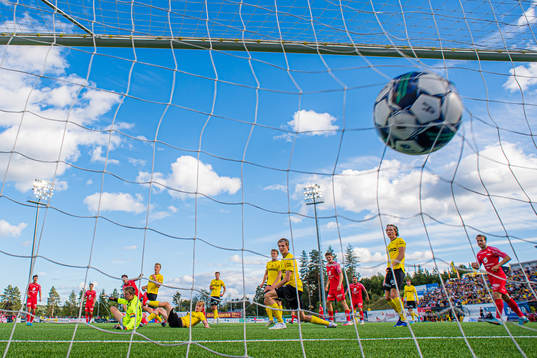 Kasper Holmboe Skaanes of Brann scores the 0-2 goal
