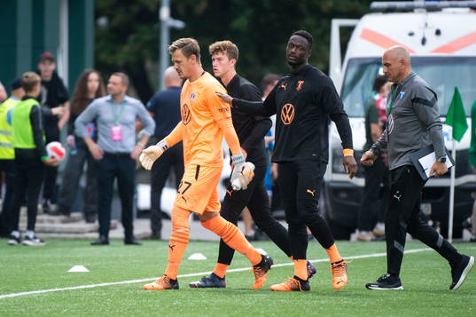 Goalkeeper Johan Dahlin, goalkeeper Ismael Diawara and Amin Sarr of Malmö FF