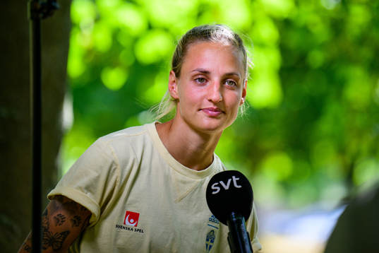 Nathalie Björn of the Swedish women's national football team is interviewed by the media at a press conference