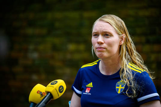 Goalkeeper Hedvig Lindahl of the Swedish women's national football team is interviewed by the media at a press conference