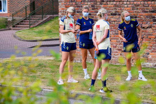 Amanda Ilestedt, Fridolina Rolfö and Magdalena Eriksson of the Swedish women's national football team at a press event