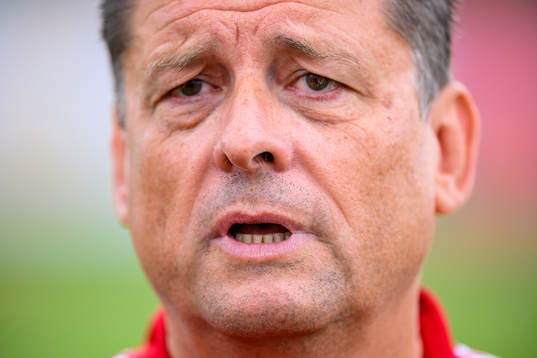 Mats Börjesson, doctor of the Swedish women's national football team is interviewed by the media at a training session